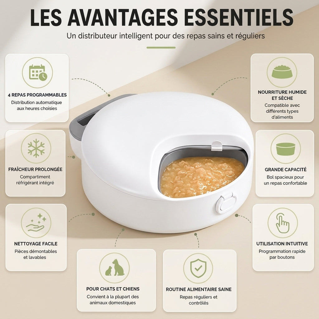 Distributeur Pâtée & Croquettes Chat, 4 Repas Frais