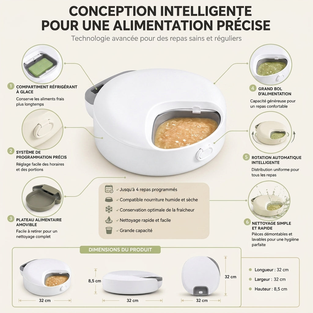 Distributeur Pâtée & Croquettes Chat, 4 Repas Frais
