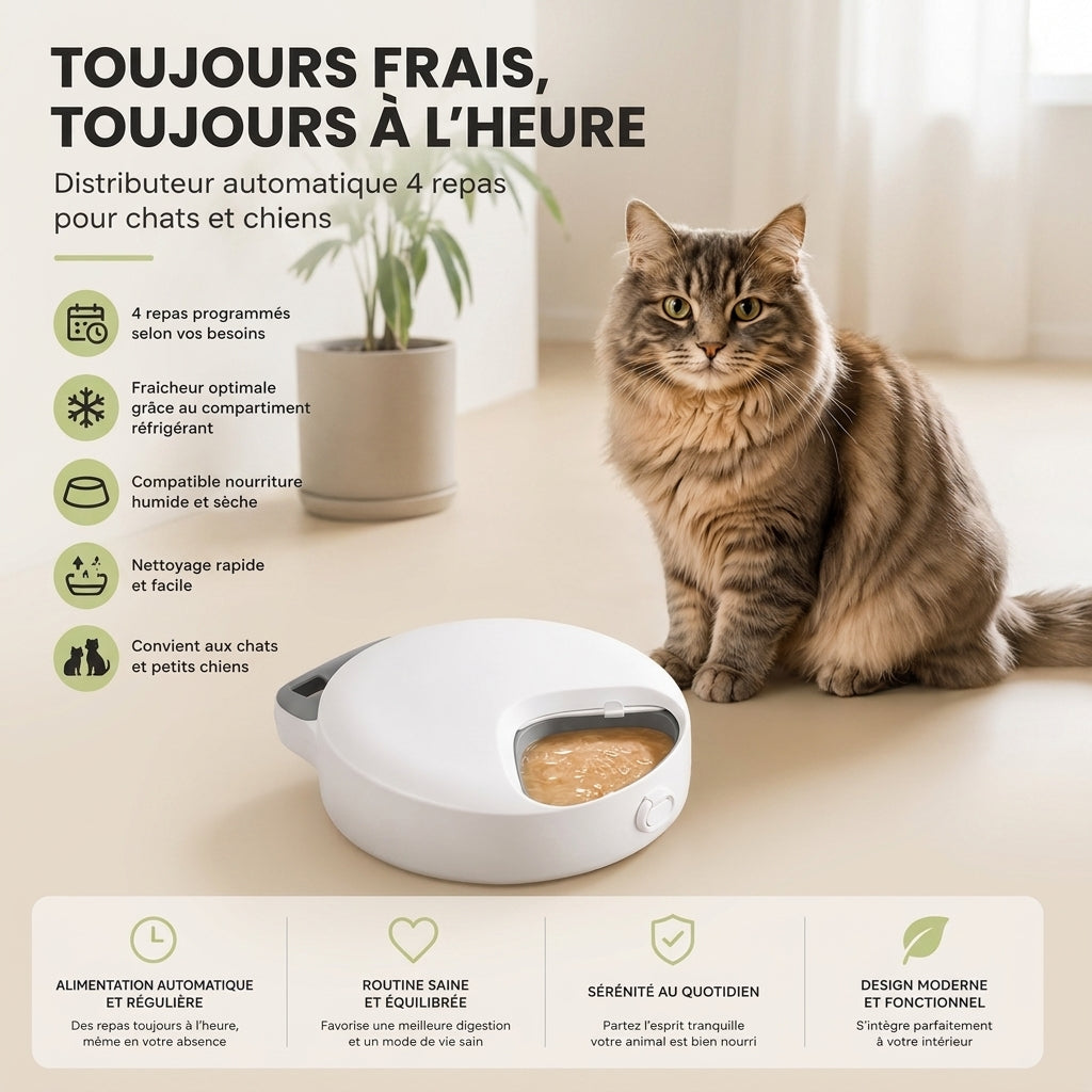 Distributeur Pâtée & Croquettes Chat, 4 Repas Frais