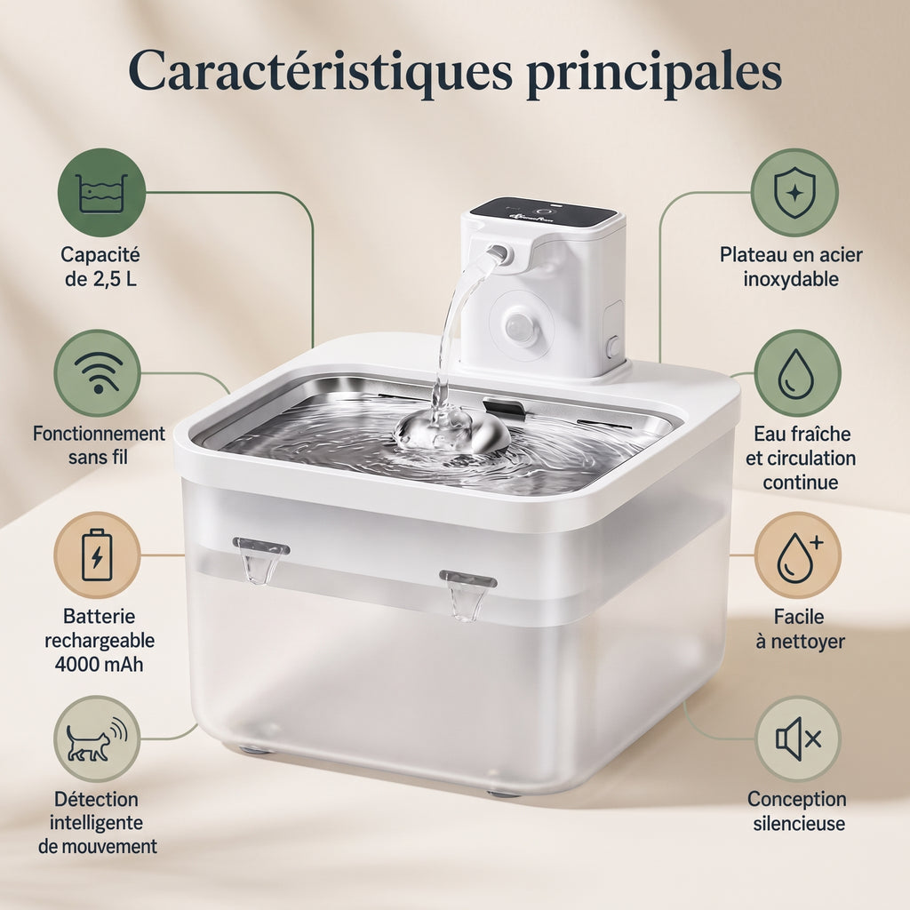 Fontaine à Eau Chat Inox Sans Fil 2,5 L