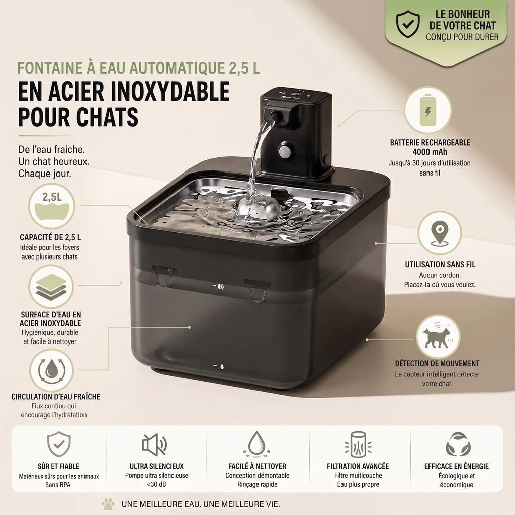 Fontaine à Eau Chat Inox Sans Fil 2,5 L