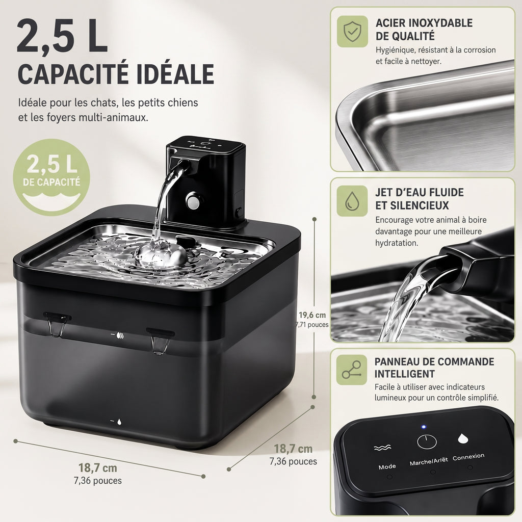 Fontaine à Eau Chat Inox Sans Fil 2,5 L
