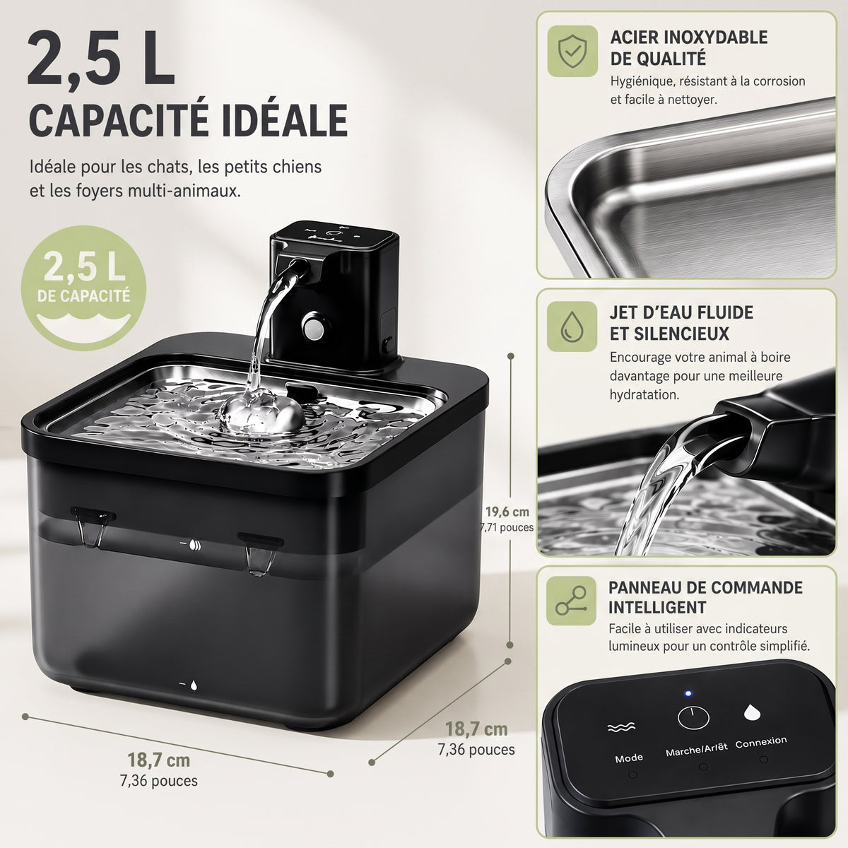 Fontaine à Eau Chat Inox Sans Fil 2,5 L