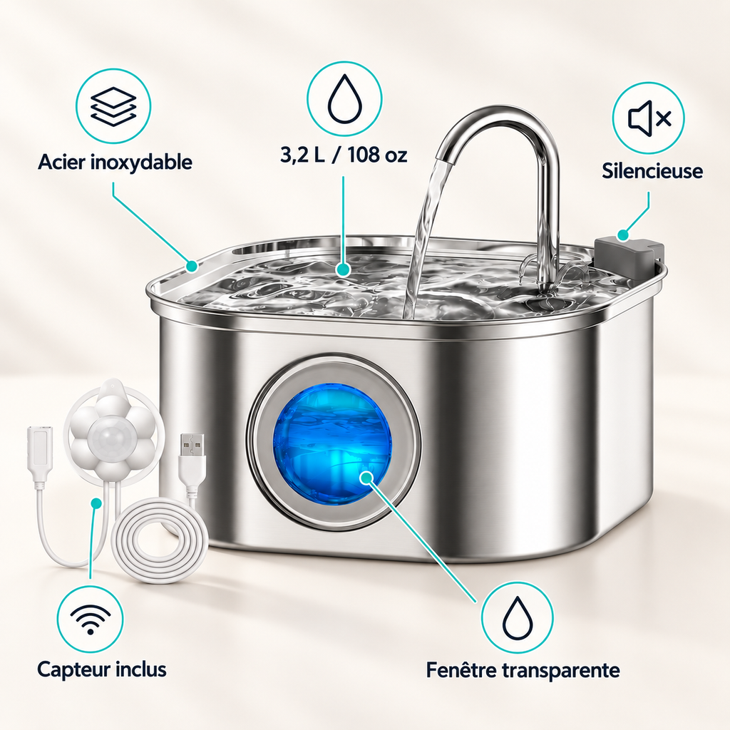 Fontaine à eau en inox pour chat et chien