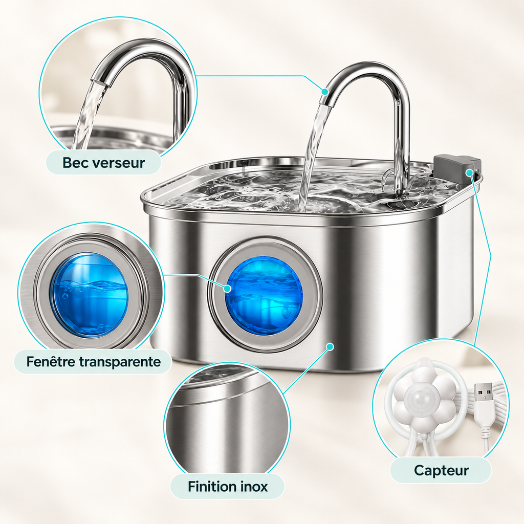 Fontaine à eau en inox pour chat et chien