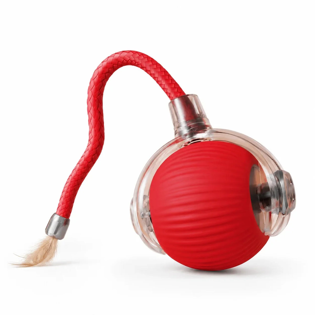 Balle interactive rouge avec queue de souris pour chat, vue produit