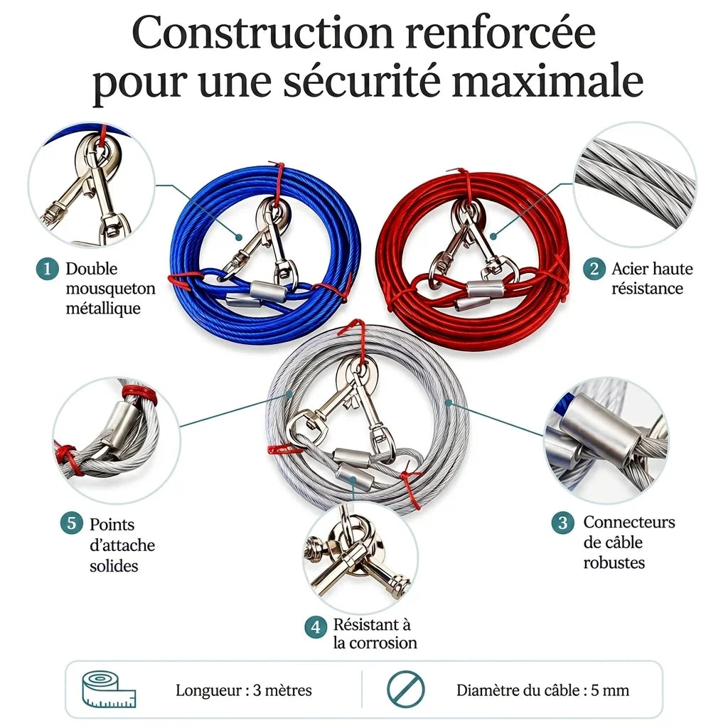 Câble attache jardin chien - construction renforcée sécurité