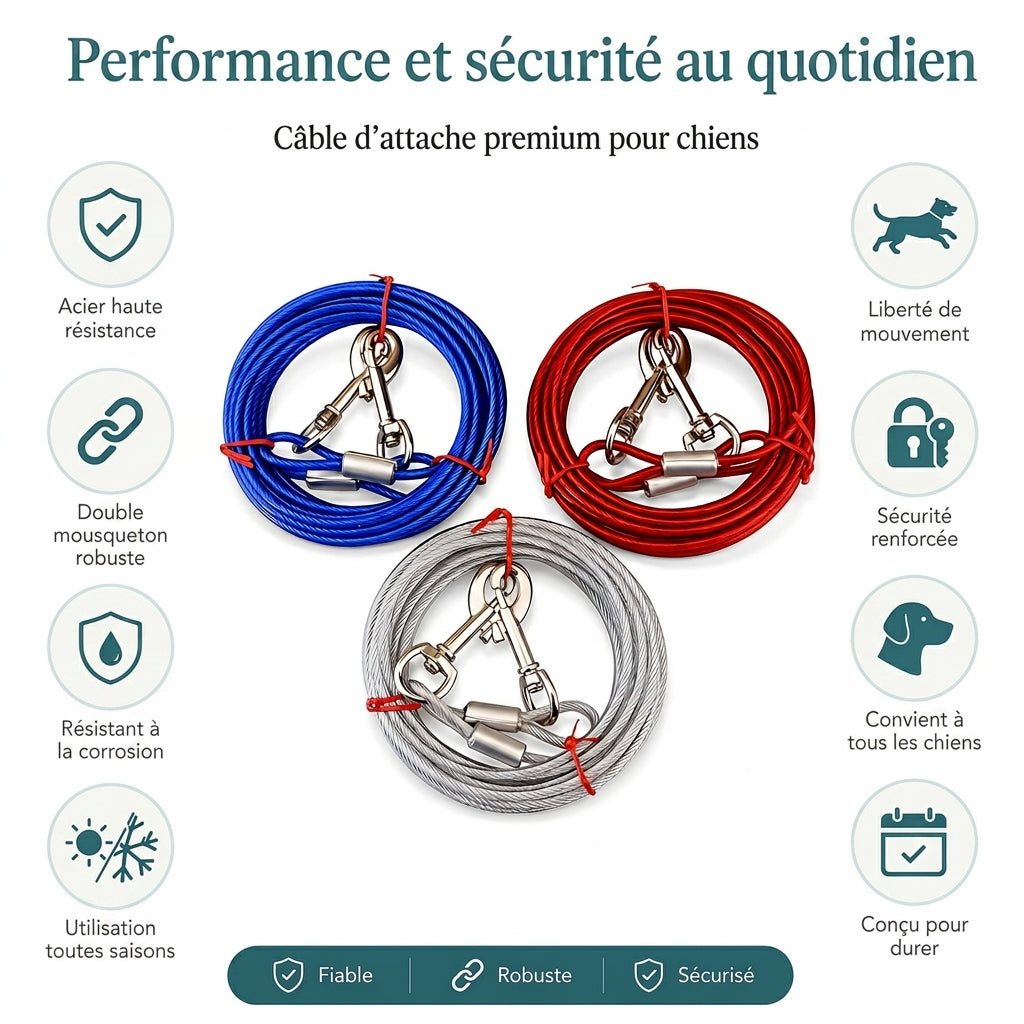 Câble d'attache robuste 3 mètres pour chien