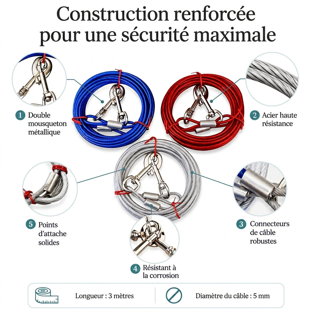 Câble d'attache robuste 3 mètres pour chien