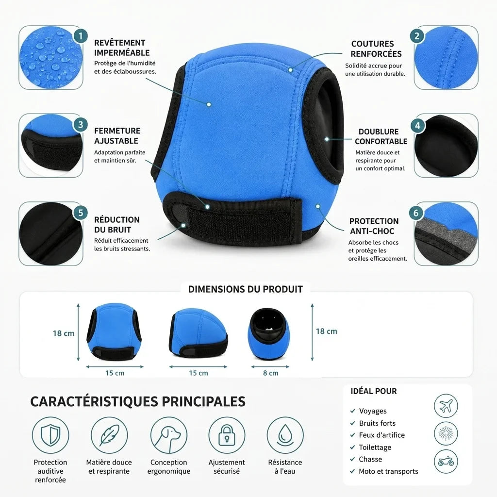 Guide des tailles et dimensions de la cagoule anti-bruit pour chien
