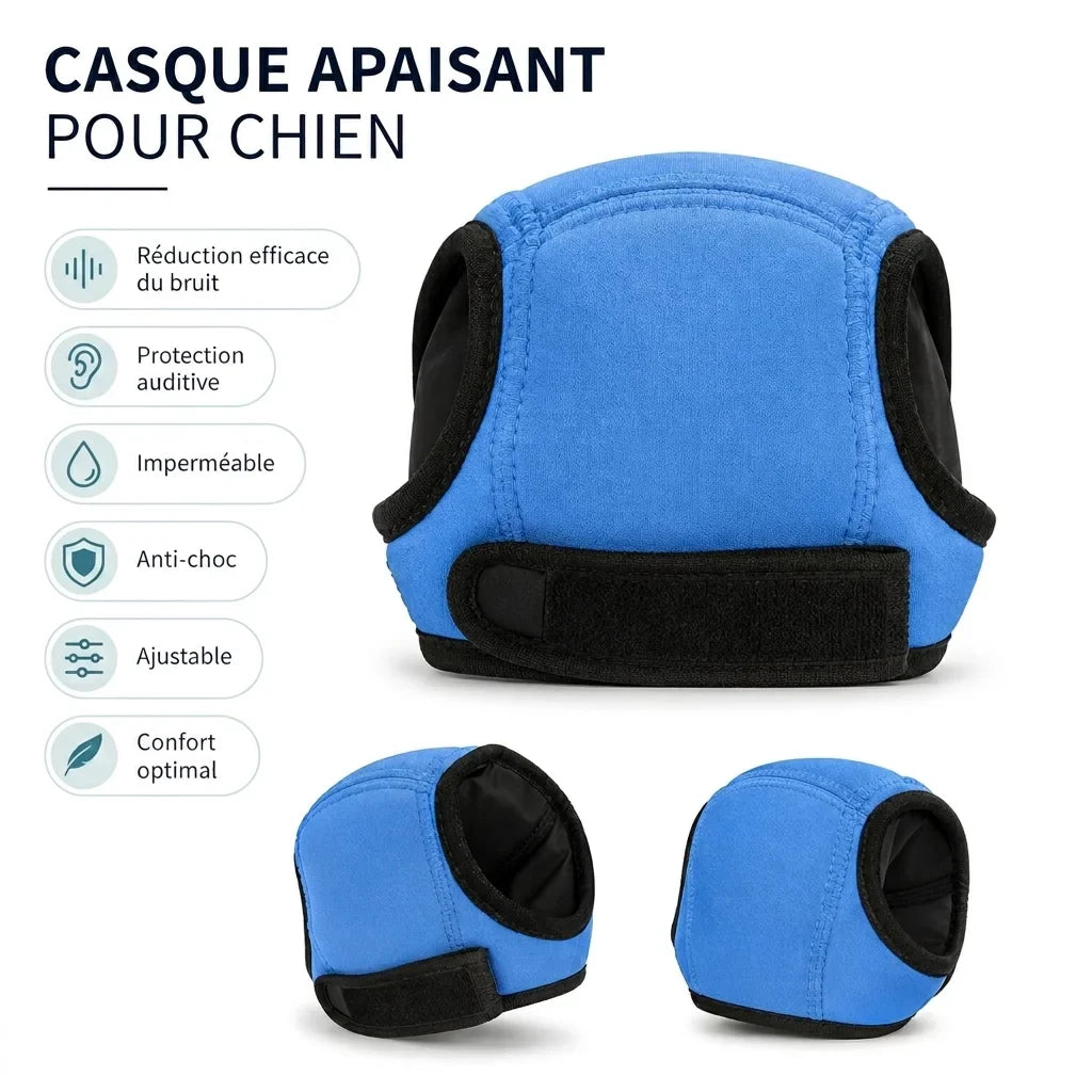 Cagoule anti-bruit bleue pour chien, vue produit