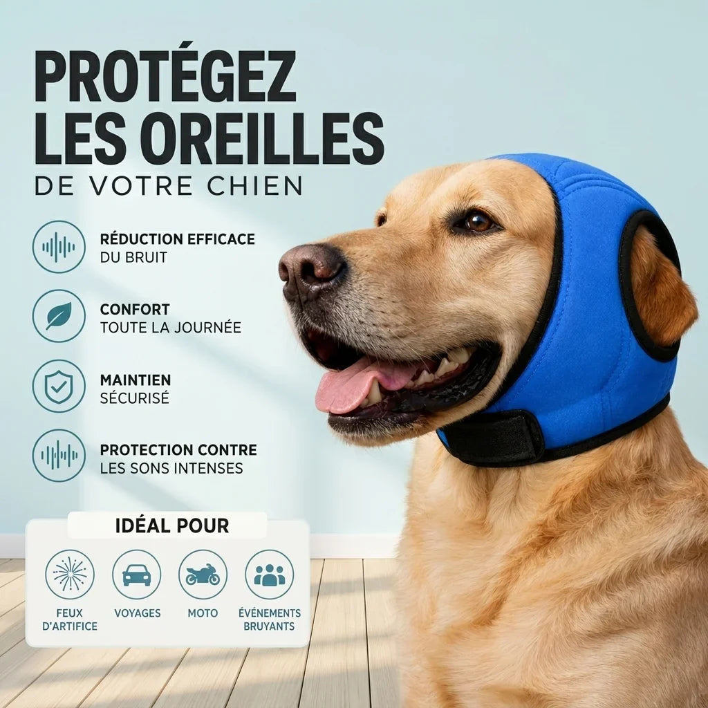 Golden retriever portant la cagoule anti-bruit Wouska en situation