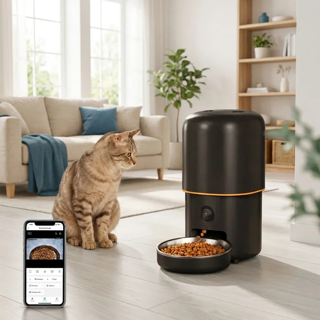 Distributeur croquettes chat caméra HD - chat dans le salon