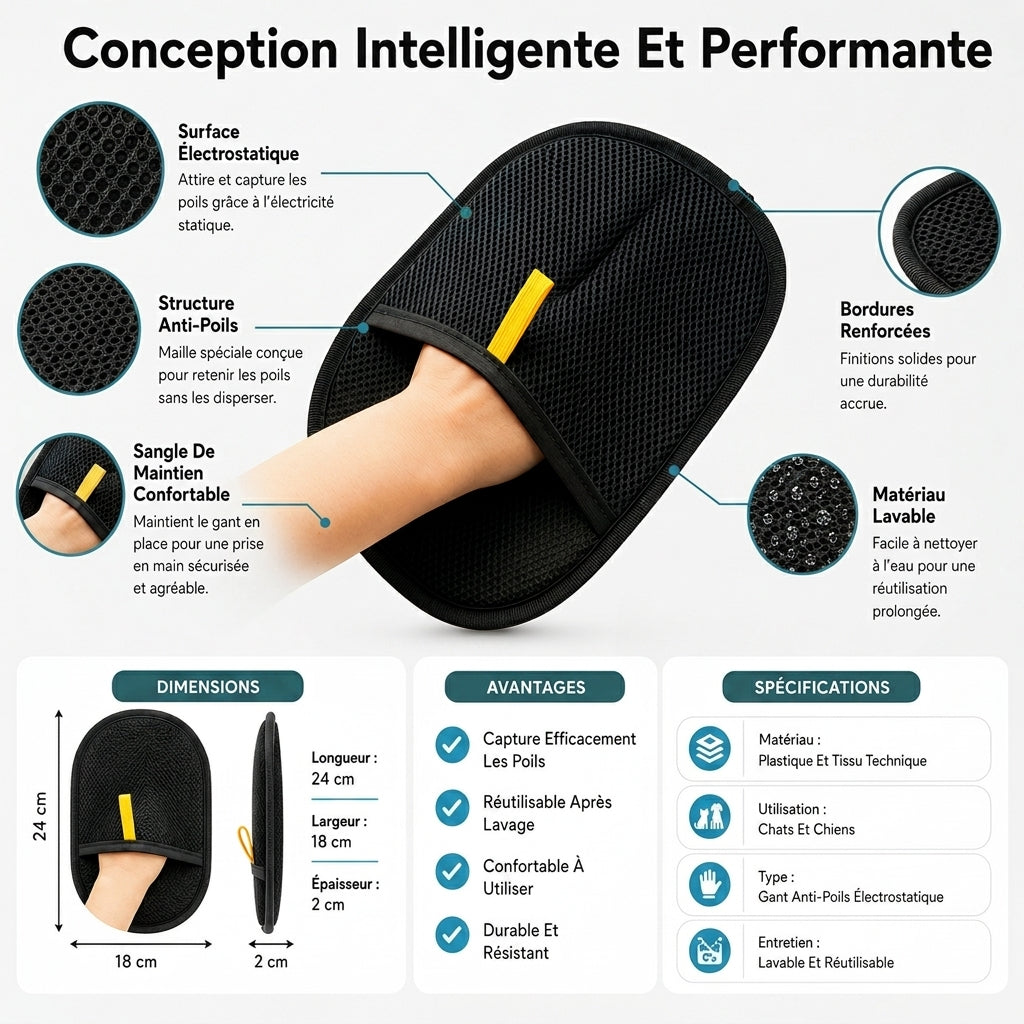Gant électrostatique anti-poils réutilisable