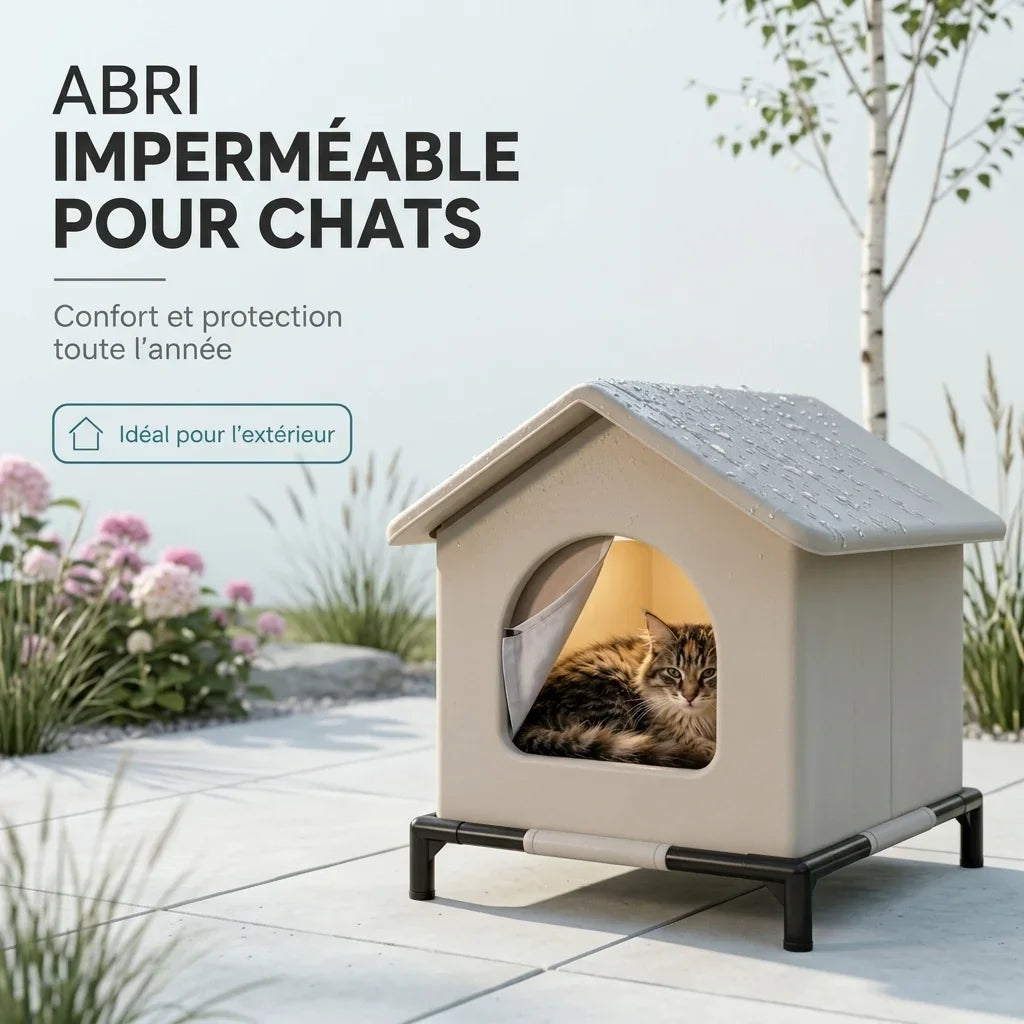 Niche exterieure impermeable pour chat en situation dans un jardin