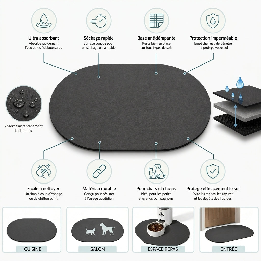Tapis ovale antidérapant pour chat et chien